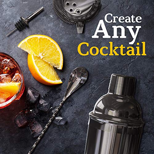 Highball & Chaser 13-Piece Cobbler Cocktail Shaker Set: Black Polished Stainless Steel Bartender Kit for Home Bar Cocktail Set | Laser Engraved Cocktail Tools | Plus E-Book with 30 Cocktail Recipes