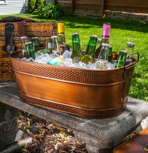 BREKX Colt Hammered Copper-Finish Galvanized Beverage Tub, Ice and Drink Bucket with Handles for Parties, 15 Quarts