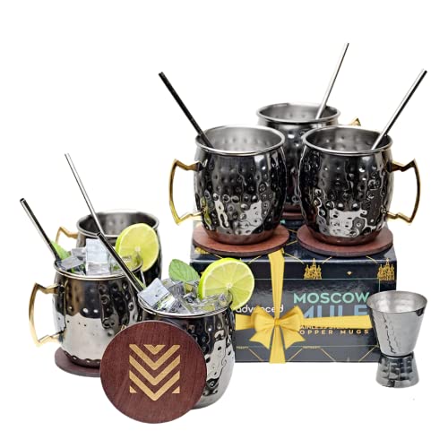 Advanced Mixology [Gift Set] Black Moscow Mule Mugs (18oz) | Black Mule Mug w/ Gunmetal Finish | Comes w/ Straws, Coasters & Jigger. | Black Tin Mugs (2 - Set of 6) - The Beer Connoisseur® Store