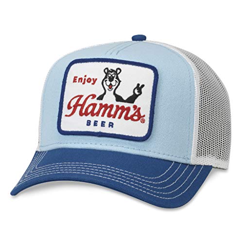 AMERICAN NEEDLE Hamm's Beer Baseball Hat, 5 Panel Structured Fit with Curved Brim, Adjustable Snapback Trucker Dad Cap, Valin Collection, White/Light Blue/Royal (MILLER-1904B) - The Beer Connoisseur® Store