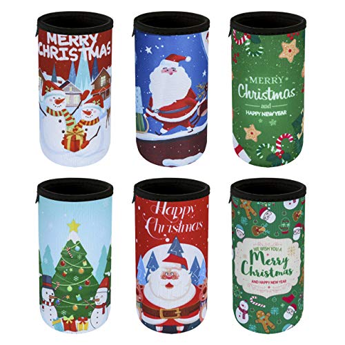 Beautyflier 12oz Slim Can Neoprene Bottle Insulator Sleeve Collapsible Drink Skinny Can Tall Can Cooler for 12 Ounce Energy Drink Beverage Beer Can (Christmas Pattern (6 Pcs)) - The Beer Connoisseur® Store
