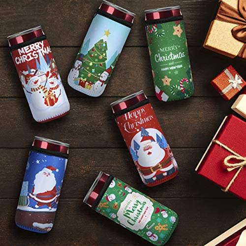 Beautyflier 12oz Slim Can Neoprene Bottle Insulator Sleeve Collapsible Drink Skinny Can Tall Can Cooler for 12 Ounce Energy Drink Beverage Beer Can (Christmas Pattern (6 Pcs)) - The Beer Connoisseur® Store