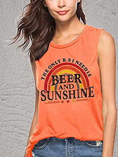 Beer and Sunshine Shirt Tank Top Women Cute Rainbow Graphic Shirt Summer Beach Vacation Drinking Party Sleeveless Shirt (Large, Orange) - The Beer Connoisseur® Store
