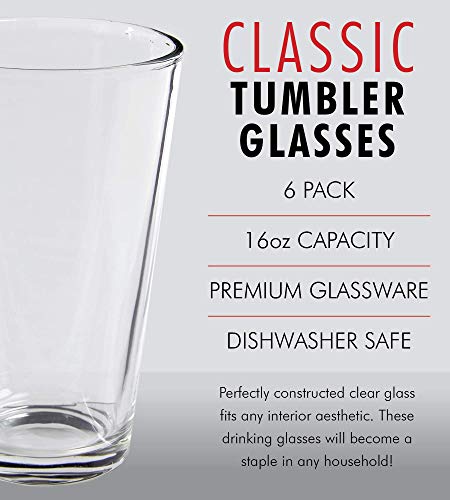Clear Glass Beer Cups – 6 Pack – All Purpose Drinking Tumblers, 16 oz – Elegant Design for Home and Kitchen – Great for Restaurants, Bars, Parties – by Kitchen Lux - The Beer Connoisseur® Store