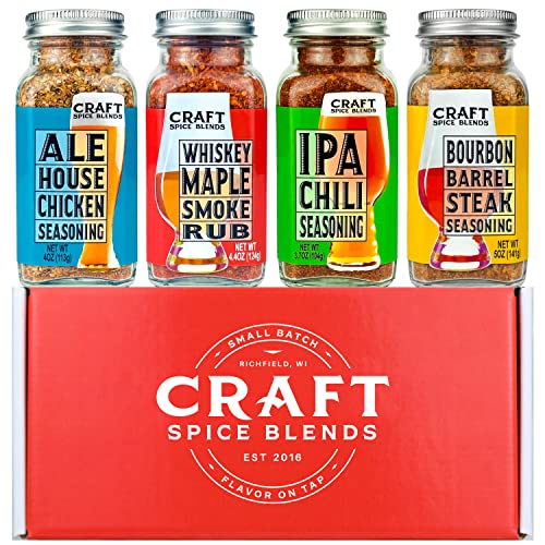 Craft Spice Blends Gift Set (Grilling Seasonings & Rubs, Gifts for Men & Women) - Includes Whiskey Maple Smoke Rub, Ale House Chicken Seasoning, Bourbon Barrel Steak Seasoning, and IPA Chili Seasoning - The Beer Connoisseur® Store