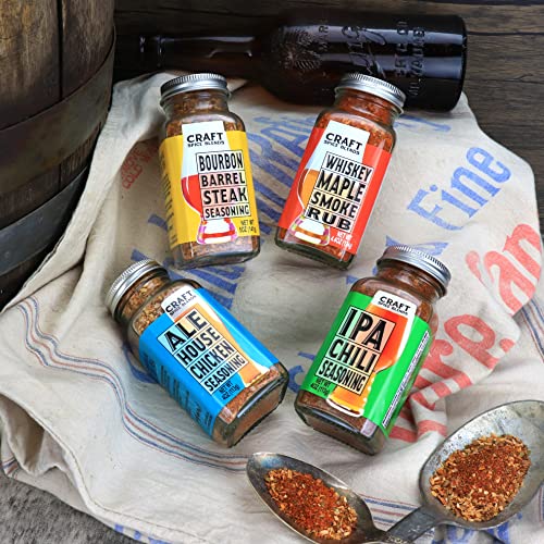 Craft Spice Blends Gift Set (Grilling Seasonings & Rubs, Gifts for Men & Women) - Includes Whiskey Maple Smoke Rub, Ale House Chicken Seasoning, Bourbon Barrel Steak Seasoning, and IPA Chili Seasoning - The Beer Connoisseur® Store