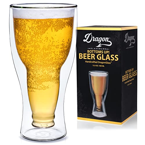 Dragon Glassware Beer Glass, Clear Double Wall Insulated Pub Mug, Upside Down Design, Holds One Full Beer Bottle, Freezable Glass for Beer Lovers, 13.5 oz Capacity, 1 Glass - The Beer Connoisseur® Store