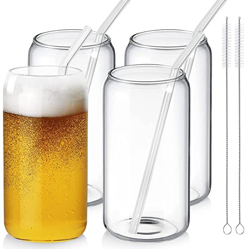 Drinking Glass Cups Set of 4 - Can Shaped Glass Cups, 16oz Beer Glasses with Glass Straw, Cold Drink Glassware, Unique Water, Tea, Cocktail Glass Set, Great Gift - The Beer Connoisseur® Store