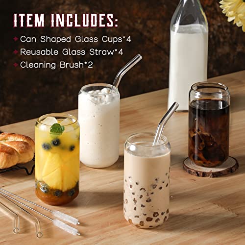 Drinking Glasses with Glass Straw 4pcs Set - 16oz Can Shaped Glass Cups, Beer Glasses, Iced Coffee Glasses, Cute Tumbler Cup, Ideal for Whiskey, Soda, Tea, Water, Gift - 2 Cleaning Brushes - The Beer Connoisseur® Store