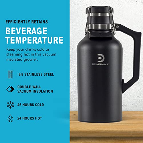 DrinkTanks Craft Growler, Passivated Stainless Steel Growlers for Beer, Leakproof and Vacuum Insulated Beverage Tumbler, Easy-to-Use Soda, Wine, or Coffee Tumbler with Handle, Obsidian, 64 Oz - The Beer Connoisseur® Store