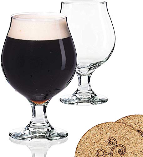 ECODESIGN-US 2 Beer Glasses Belgian Style Stemmed Tulip - 13 oz Lambic Ale Dark Beer Glass - set of 2 w/coasters - Classic Premium Glassware - Birthday Housewarming Bachelor party gift for men idea - The Beer Connoisseur® Store