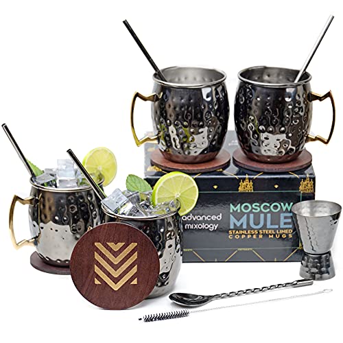 [Gift Set] Advanced Mixology Black Moscow Mule Mugs (18oz) | Black Mule Mug w/ Gunmetal Finish | Comes w/ Straws, Coasters, Jigger, Spoon & Brush | Black Tin Mugs (1 - Set of 4) - The Beer Connoisseur® Store