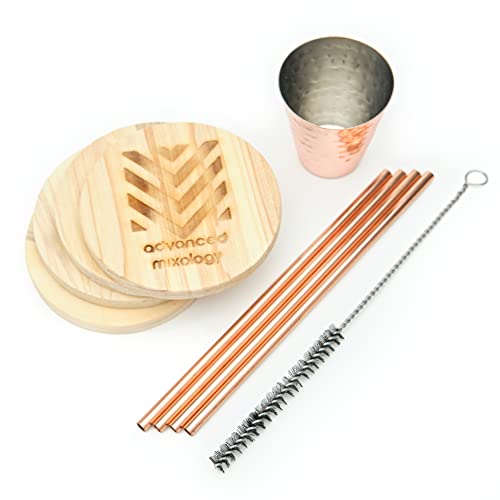 [Gift Set] Advanced Mixology Moscow Mule Mugs Set of 4 (16 oz.) | Stainless Steel Lined Copper Mugs w/ 4 Artisan Hand Crafted Wooden Coasters, 4 Straws, Shot Glass and Cleaning Brush - The Beer Connoisseur® Store