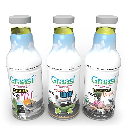 Graasi Sample Pack Barley Water, All 3 Flavors: Citrus Mint, Cucumber Lime, Lemongrass Ginger, 3 Bottles, 16 Ounces Each - The Beer Connoisseur® Store