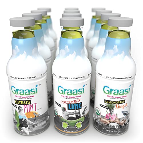 Graasi Variety Pack Barley Water, All 3 Flavors: Citrus Mint, Cucumber Lime, Lemongrass Ginger, 12 Bottles, 16 Ounces Each - The Beer Connoisseur® Store