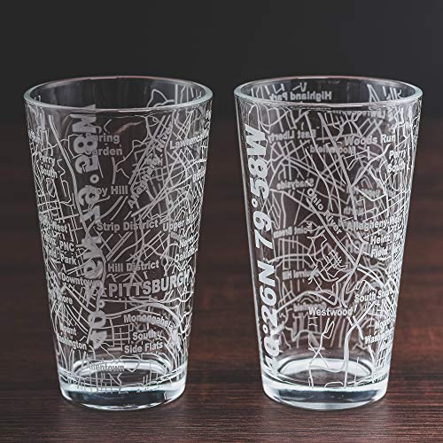 Greenline Goods Beer Glasses - 16 oz Drinkware Set for Pittsburgh lovers - Set of 2 - Etched with Pittsburgh, PA Map - Premium Decorative Glassware - The Beer Connoisseur® Store