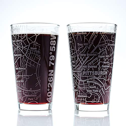 Greenline Goods Beer Glasses - 16 oz Drinkware Set for Pittsburgh lovers - Set of 2 - Etched with Pittsburgh, PA Map - Premium Decorative Glassware - The Beer Connoisseur® Store