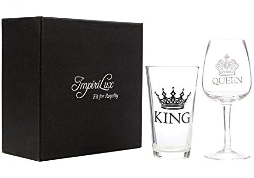 King Beer & Queen Wine Glass Set | Beautiful Gift for Newlyweds, Engagements, Anniversaries, Weddings, Parents, Couples, Christmas - Novelty Drinking Glassware (King Beer & Queen Wine Glass Set) - The Beer Connoisseur® Store