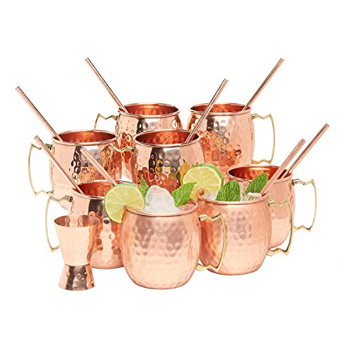 Kitchen Science [Gift Set] Moscow Mule Copper Mugs Set of 8 (16oz) w/ Straws & Jigger | 100% Pure Copper Cups, Tarnish-Resistant Food Grade Lacquered Finish, Ergonomic Handle (No Rivet) w/ Solid Grip - The Beer Connoisseur® Store