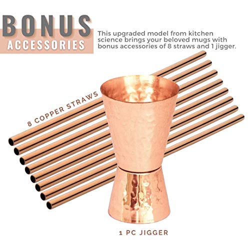 Kitchen Science [Gift Set] Moscow Mule Copper Mugs Set of 8 (16oz) w/ Straws & Jigger | 100% Pure Copper Cups, Tarnish-Resistant Food Grade Lacquered Finish, Ergonomic Handle (No Rivet) w/ Solid Grip - The Beer Connoisseur® Store
