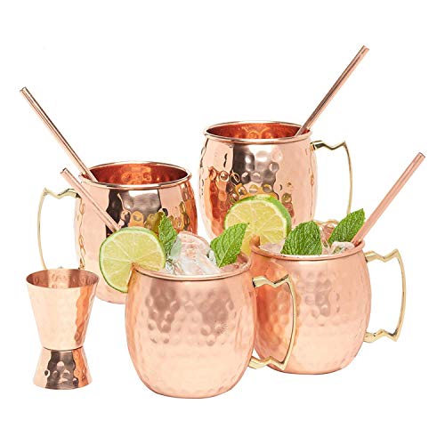 Kitchen Science Moscow Mule Copper Mugs Set of 4 (16oz) w/ 4 Straws & 1 Jigger | 100% Pure Copper Cups, Tarnish-Resistant, Ergonomic Handle (No Rivet) w/ Solid Grip (1 - Set of 4) - The Beer Connoisseur® Store