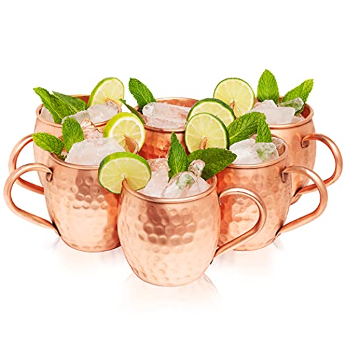 Kitchen Science Moscow Mule Copper Mugs Set of 6 (16oz) | Food Grade 100% Pure Copper Cups | Handcrafted w/ Lacquered Hammered Finish, Smooth Rounded Lip, Ergonomic Handle (No Rivet) w/ Solid Grip - The Beer Connoisseur® Store