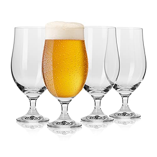 Beer Glass Belgian Style Stemmed Tulip - 13 oz Lambic Beer Glasses - Set of 4 w/ Coasters