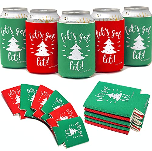 Let's Get Lit! Holiday Festive Christmas Can Coolers - 6 Pack | Stocking Stuffer Gifts - Funny Ugly Sweater Party Prize, Favors, Decorations & Supplies (Get Lit) - The Beer Connoisseur® Store