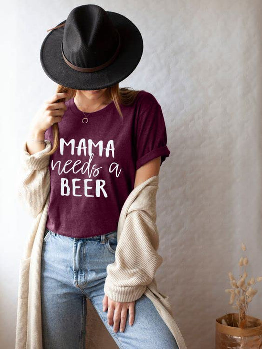 Mama Needs A Beer Letter Funny T-Shirt Women O-Neck Short Sleeve Blouse Size L (Red) - The Beer Connoisseur® Store