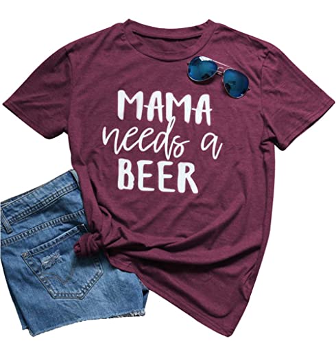 Mama Needs A Beer Letter Funny T-Shirt Women O-Neck Short Sleeve Blouse Size L (Red) - The Beer Connoisseur® Store
