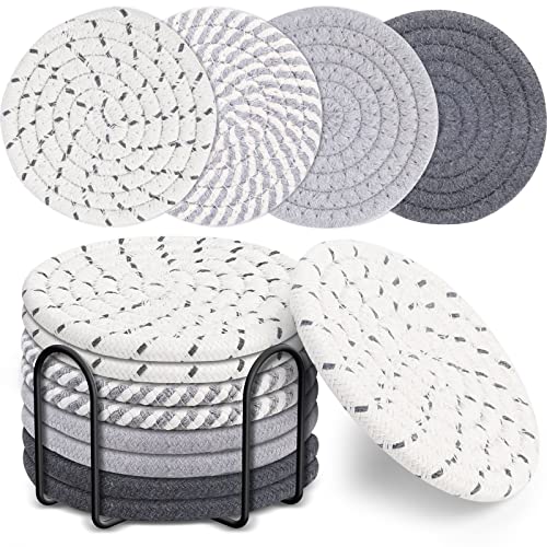 Mckanti 8 Pcs Drink Coasters with Holder, 4 Colors Absorbent Coasters for Drinks, Minimalist Cotton Woven Coaster Set for Home Decor Tabletop Protection Suitable for Kinds of Cups, 4.3 Inches. - The Beer Connoisseur® Store