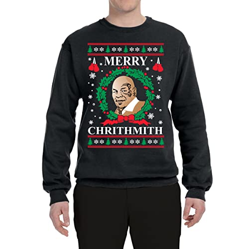 Merry Chrithmith Mike Tyson Ugly Christmas Sweater Unisex Crewneck Graphic Sweatshirt, Black, X-Large - The Beer Connoisseur® Store