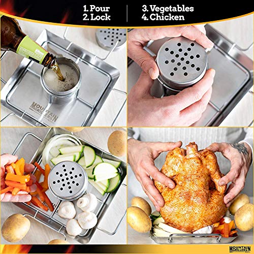 MOUNTAIN GRILLERS Beer Can Chicken Roaster Stand - Stainless Steel Holder - Barbecue Rack for The Grill, Oven or Smoker - Dishwasher Safe - Includes 4 Vegetable Spikes - The Beer Connoisseur® Store