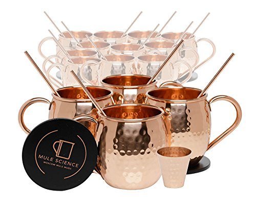 Mule Science Authentic Moscow Mule Copper Mugs Set of 16 (16oz) | Solid Barrel 100% Copper Cups Set w/ 16 Straws, 16 Coasters & 2 Shot Glasses | Handcrafted Tarnish-Resistant Food Grade Lacquer Coat - The Beer Connoisseur® Store