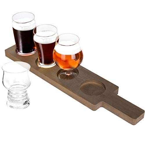 MyGift 5-Piece Beer Tasting Flight Board Set Includes 4 Beer Glasses and Wood Paddle Serving Tray, Each Glass Holds 5 oz - The Beer Connoisseur® Store