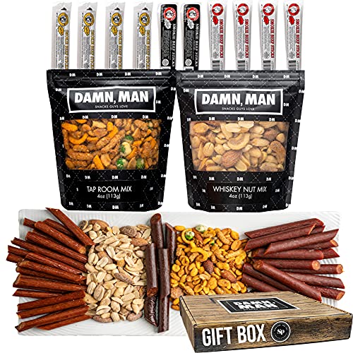 Nuts and Beef Jerky Gift Basket for Men, 12 Items – 10 Beef Sticks and 2 Unique Nut Flavors – Small Batch Gourmet Nuts Gift Basket with Jerky is Great Valentines Day Gift for Him - The Beer Connoisseur® Store