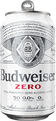Orchard Hill [Pack of 12] Budweiser Full Flavored Zero Alcohol Brew, 0.00 ALC, NA Non-Alcoholic Beer, 50 Cal, Zero Sugar, Cans, 12 Fl Oz (Pack of 12) - The Beer Connoisseur® Store