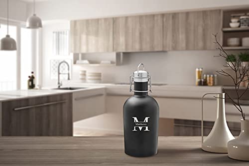 Personalized Beer Growler (Black Matte, Stamped Design), 64 oz Stainless Steel Single Wall Bottle Ideal for Camping, Travel - Unique Wedding Groomsmen Gift - The Beer Connoisseur® Store