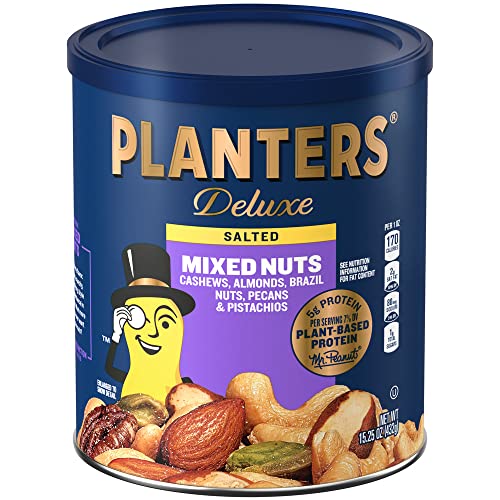 PLANTERS Deluxe Mixed Nuts with Hazelnuts, 15.25 oz. Resealable Canister - Cashews, Almonds, Hazelnuts, Pistachios & Pecans Roasted in Peanut Oil with Sea Salt - Kosher Savory Snack - The Beer Connoisseur® Store