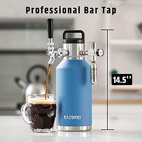 Razorri 64oz Stainless Steel Beer Growler, Double-Wall Vacuum Insulated Carbonated Keg with Professional Bar Tap and Pressurized CO2 Regulator, 0.5 Gallon, Ocean Blue - The Beer Connoisseur® Store