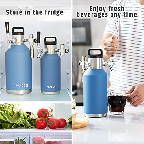 Razorri 64oz Stainless Steel Beer Growler, Double-Wall Vacuum Insulated Carbonated Keg with Professional Bar Tap and Pressurized CO2 Regulator, 0.5 Gallon, Ocean Blue - The Beer Connoisseur® Store