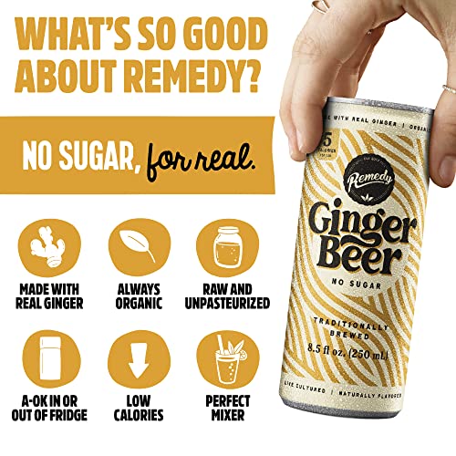 Remedy Ginger Beer - Sugar Free, USDA Organic & Low Calorie Mixer Drink - Non Alcoholic & Made With Real Ginger - 8.5 Fl Oz Can, 12-Pack - The Beer Connoisseur® Store