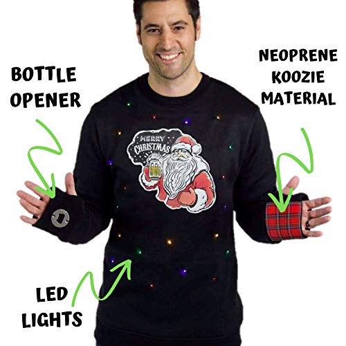 Santa Claus Ugly Christmas Sweater with Lights for Men, Bottle Opener & Cooler Funny Santa Tacky Sweater Light Up, Black Xmas Pullover Small - 3XL - The Beer Connoisseur® Store
