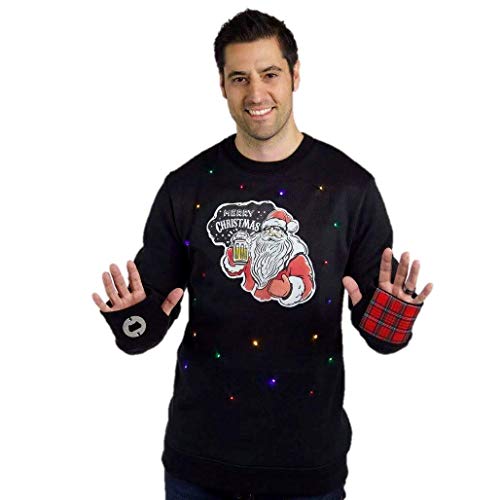 Santa Claus Ugly Christmas Sweater with Lights for Men, Bottle Opener & Cooler Funny Santa Tacky Sweater Light Up, Black Xmas Pullover Small - 3XL - The Beer Connoisseur® Store