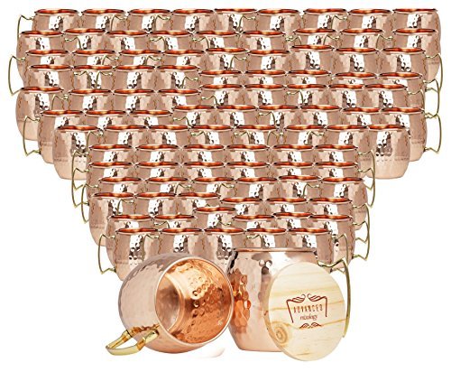 Set of 100 100% Pure Copper Moscow Mule Mugs By Advanced Mixology (16 oz each) with 100 Artisan Hand Crafted Wooden Coasters - Barrel With Brass Handle - The Beer Connoisseur® Store
