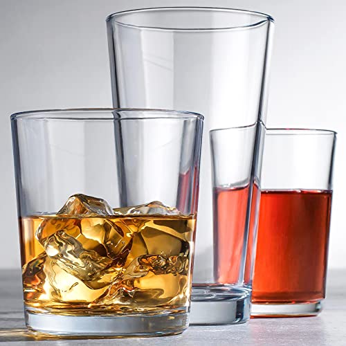 Set of 18 Sleek and Durable Drinking Glasses - Glassware Set Includes 6-17oz Highball Glasses, 6-13oz Rocks Glasses, 6-7oz Juice Glasses | Heavy Base Glass Cups for Water, Juice, Beer, & Cocktails. - The Beer Connoisseur® Store