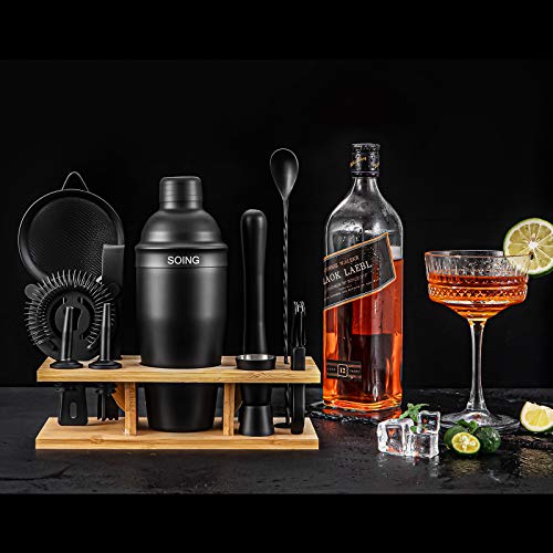 Soing 11-Piece Black Bartender Kit,Perfect Home Cocktail Shaker Set for Drink Mixing,Stainless Steel Bar Tools with Stand,Velvet Carry Bag & Cocktail Recipes Cards (Black) - The Beer Connoisseur® Store