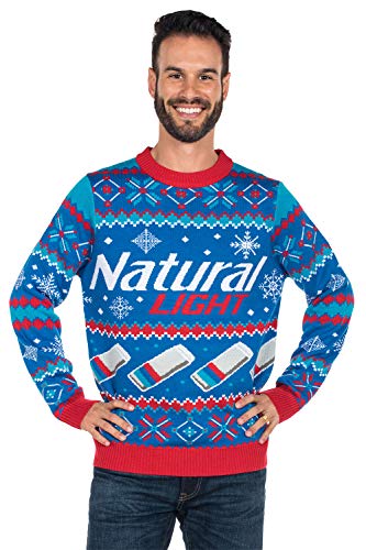 Tipsy Elves Men's Natural Light Ugly Christmas Sweater - Natty Light Xmas Sweater: Large Blue - The Beer Connoisseur® Store