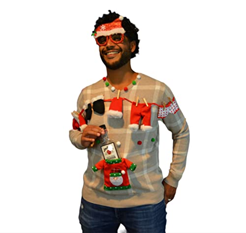 Ugly Christmas Sweater, Mens, Liquor, Beer holder, alcohol, Santas laundry, party pocket, contest winner (L, grey) - The Beer Connoisseur® Store