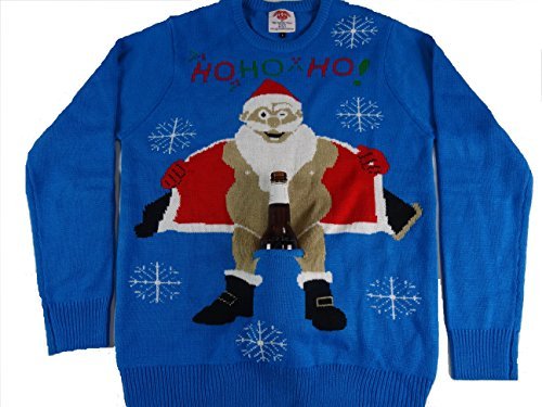 Ugly Christmas Sweater That Holds a Beer Santa Flashing (Large) Blue - The Beer Connoisseur® Store